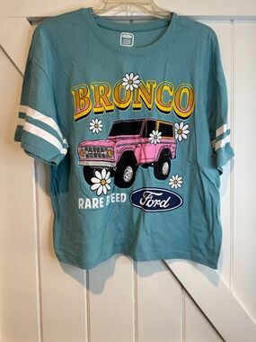 Ford Teal Crop Top with Pink Bronco and Yellow Lettering